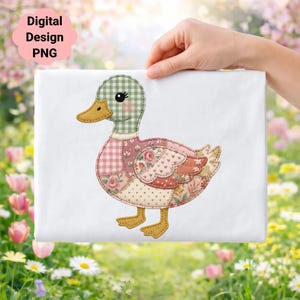 May include: A digital design PNG featuring a patchwork duck illustration. The duck has a green checkered head, a pink and floral body, and yellow feet. The text "Digital Design PNG" is in a pink cloud shape.
