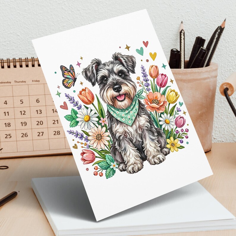 Miniature Schnauzer Spring Floral Clipart, Happy Dog Garden Art ...