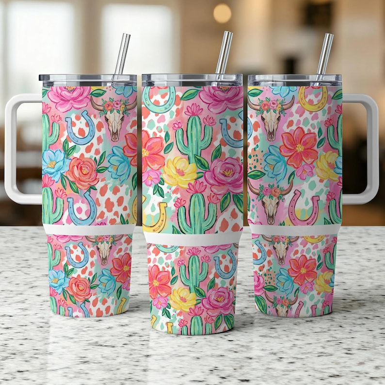 Western Floral Cactus 40oz Tumbler Wrap, Boho Cowgirl Sublimation PNG ...