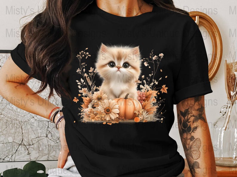 Kitten Pumpkin Clipart, Autumn Floral PNG (Digital Download image 2