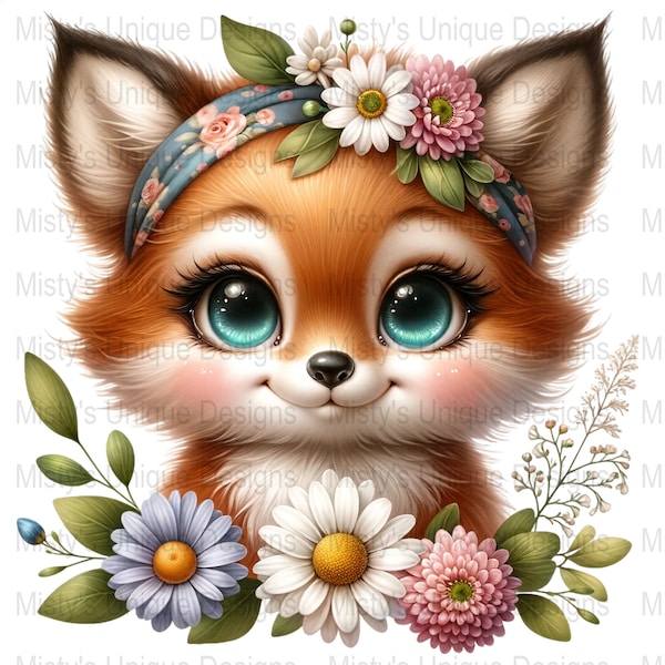 Cute Fox Clipart with Flowers, Digital PNG Download, Whimsical Floral Animal Illustration, Kawaii Woodland Nursery Decor Art