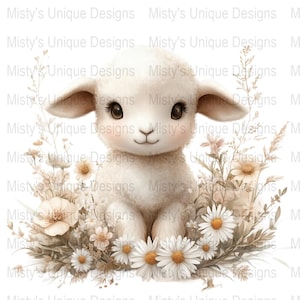 Cute Baby Lamb Clipart, Floral Animal Digital Download, Sheep PNG File, Springtime Illustration, Nursery Decor Art, Instant Download