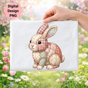 May include: A digital design featuring a patchwork bunny with pink, green, and cream-colored patterns. The bunny has a gingham head and ears, floral and polka dot accents, and the text "Digital Design PNG" in a pink cloud.