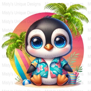 Cute Penguin Clipart, Tropical Theme Digital Download, Cartoon Penguin with Surfboard PNG, Wysoka rozdzielczość