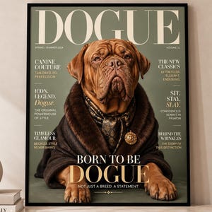 Könnte beinhalten: Ein gerahmtes Poster mit einem Dogue de Bordeaux, der einen dunkelbraunen Mantel mit Pelzbesatz und einen gemusterten Schal trägt. Der Text lautet DOGUE, BORN TO BE DOGUE, sowie verschiedene Schlagzeilen wie CANINE COUTURE und SIT, STAY, SLAY.