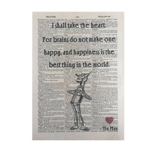 Wizard Of Oz Heart Quote Vintage Dictionary Print - Tinman Quote - Tin Anniversary Gift - Dorothy Print - Happiness Quote - Love Wall Art