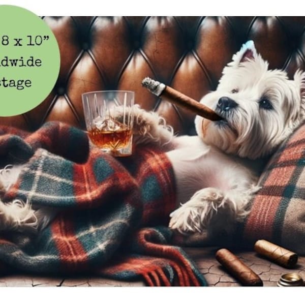 Westie posé sur un canapé fumant un cigare - Image drôle de West Highland Terrier - Bar Pub Salle à manger - Art mural en tartan rouge - Cadeau de chien animal