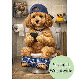 Funny Cockapoo Dog Toilet Phone Print – Cockerpoo in Blue Pyjamas Bathroom Wall Art Sign