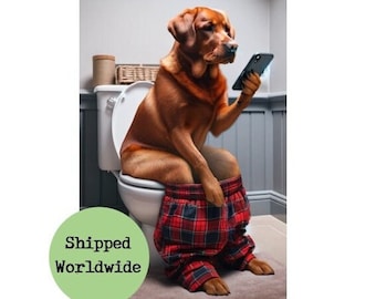 Red Fox Labrador Sitting on Toilet with Mobile Phone Print - Red Lab with Cell Phone - Funny Dog Animal Picture Bathroom Wall Art Sign Gift