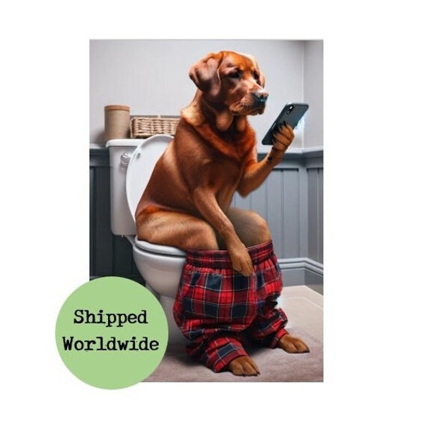 Red Fox Labrador Sitting on Toilet with Mobile Phone Print - Red Lab with Cell Phone - Funny Dog Animal Picture Bathroom Wall Art Sign Gift