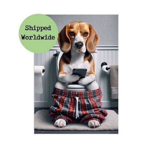 Beagle Sitting on Toilet with Mobile Phone Print - Funny Dog with Cell Phone Animal Tartan Picture Bathroom Loo Rest Room Wall Art Sign Gift