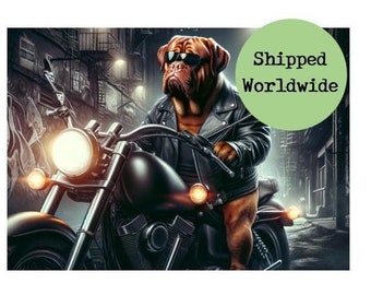 Dogue de Bordeaux Riding Motorbike Print Bad Ass Dog on Motorcycle Picture Funny Animal Cool Wall Art Sign Portrait - Biker Gift - Man Cave