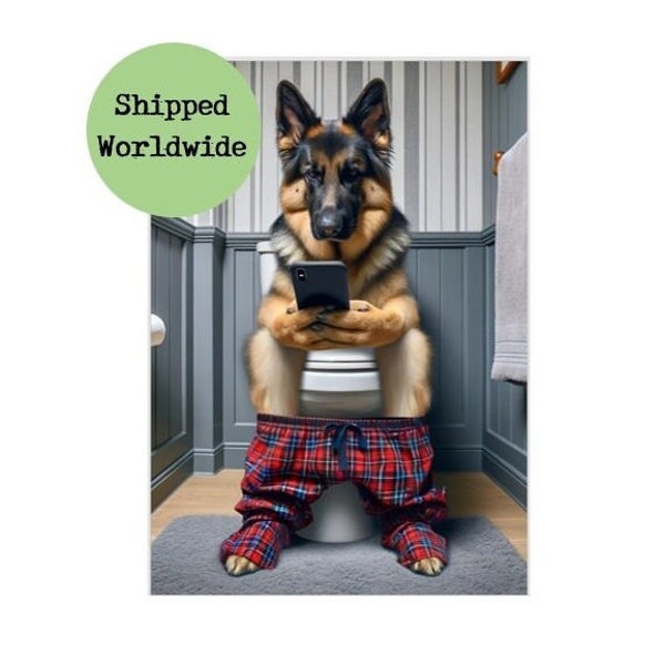 Alsatian Sitting on Toilet with Mobile Phone Print - German Shepherd with Cell Phone - Funny Dog Animal Picture Bathroom Wall Art Sign Gift
