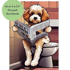 Funny Cavapoo on Toilet Print – Dog Reading Newspaper, Funny Bathroom Wall Art