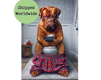 Dogue de Bordeaux Sitting on Toilet with Mobile Phone Print Funny Dog With Cell Phone Animal Picture Bathroom Wall Art Red Tartan Sign Gift