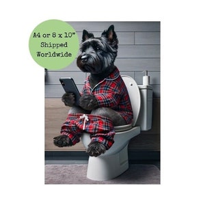 Cairn Terrier Sitting on Toilet on Mobile Phone Print Dark Brindle Cairn Loo Funny Dog Animal Picture Bath Bathroom Wall Art Sign Red Tartan image 1