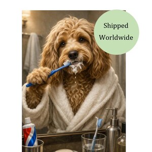 Cockapoo Rolig Badrumsväggkonst - Cockerpoo Borstar Tänder-Tavla
