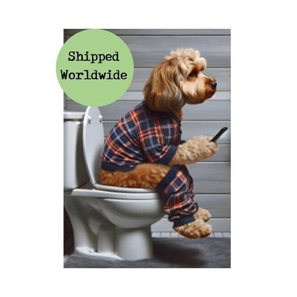 Cavapoo Sitting on Toilet on Mobile Phone Print Cavoodle on Loo - Funny Dog Picture Animal Bath Bathroom Wall Art Sign Cavadoodle 8 x 10 A4