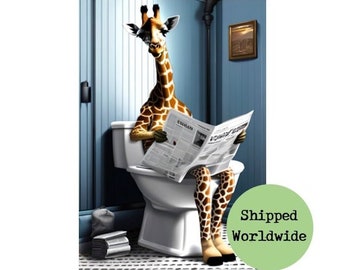トイレに座って新聞を読んでいるキリン - トイレの上の面白い動物のプリント動物園の絵 バスルームの壁アートサイン バスルームの壁の装飾 8 x 10 A4