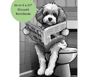 Black Labrador on Toilet Reading the Newspaper Bathroom Funny A4 Art ...