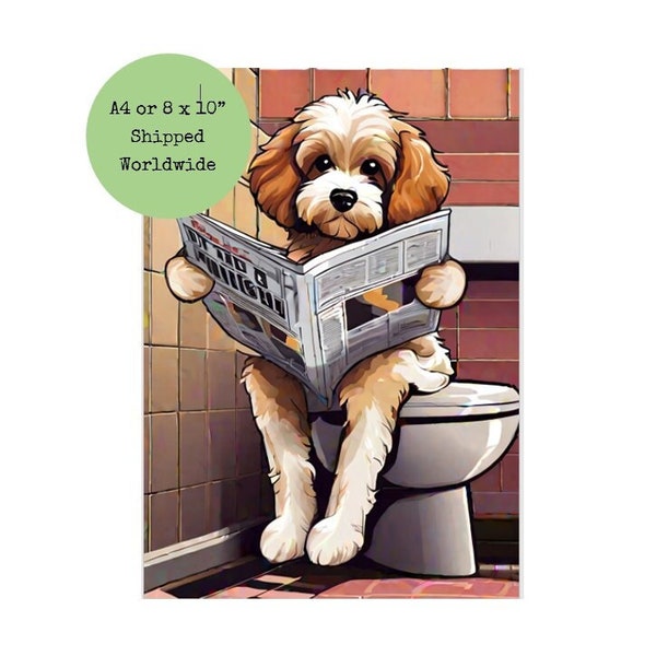 Cavapoo On Toilet Reading Newspaper Print - Cavoodle Sitting on Loo - Funny Dog Picture Animal Bath Bathroom Wall Art Sign 8 x 10 A4