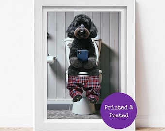 Black Cockapoo Sitting on Toilet on Mobile Phone - Cockerpoo Print - Funny Dog Picture Bathroom Wall Art Sign Downstairs Loo Ensuite Décor