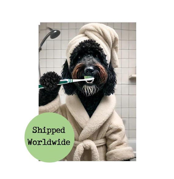 Black Golden Doodle Funny Bathroom Print Dog Brushing Teeth