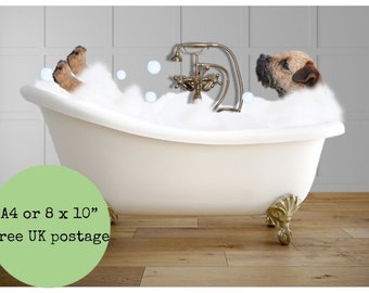 Border Terrier In Bath Print - Dog in Vintage Bathtub Picture - Funny Animal On Toilet - Funny Bathroom Wall Art Decor Ensuite Toilet Loo