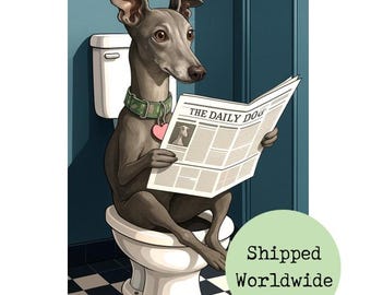 Puede incluir: Ilustración de un perro gris sentado en un inodoro, leyendo el periódico "The Daily Dog". El perro lleva un collar verde con una etiqueta en forma de corazón rosa. El fondo presenta una pared azul y un suelo a cuadros blanco y negro.