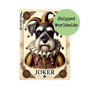 Schnauzer nain Joker vintage carte à jouer impression chien drôle art mural portrait d'animal de compagnie cadeau commémoratif signe souvenir photo animalier barre de poker
