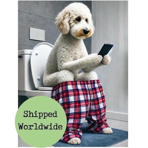 May include: A fluffy white dog wearing red and blue plaid pajama pants sits on a toilet, holding a black smartphone. The dog is in a bathroom setting. The image includes the text "Shipped Worldwide" on a green circle.