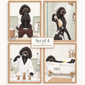 May include: A set of four framed wall art prints featuring a black curly-haired dog in various bathroom scenes. The images show the dog sitting on a toilet, showering with a brush, brushing its teeth in a robe, and relaxing in a clawfoot bathtub.