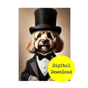 Puede incluir: Un perro marrón y blanco con un sombrero de copa negro y un esmoquin. El perro está mirando directamente a la cámara. El texto "Descarga digital" está en un círculo amarillo en la esquina inferior derecha de la imagen.