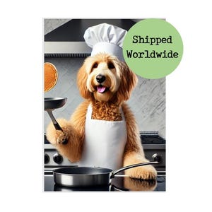 Op de afbeelding: Een golden doodle hond met een witte koksmuts en schort is een pannenkoek aan het omdraaien in een koekenpan. De hond is in een keuken met een fornuis en een achterwand.