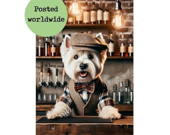 Westie Bar Man Print - Funny Dog Bartender Picture - Pub Bar - Industrial Wall Art Alcohol Sign Quote Dining Room Décor Whisky Beer Man Cave