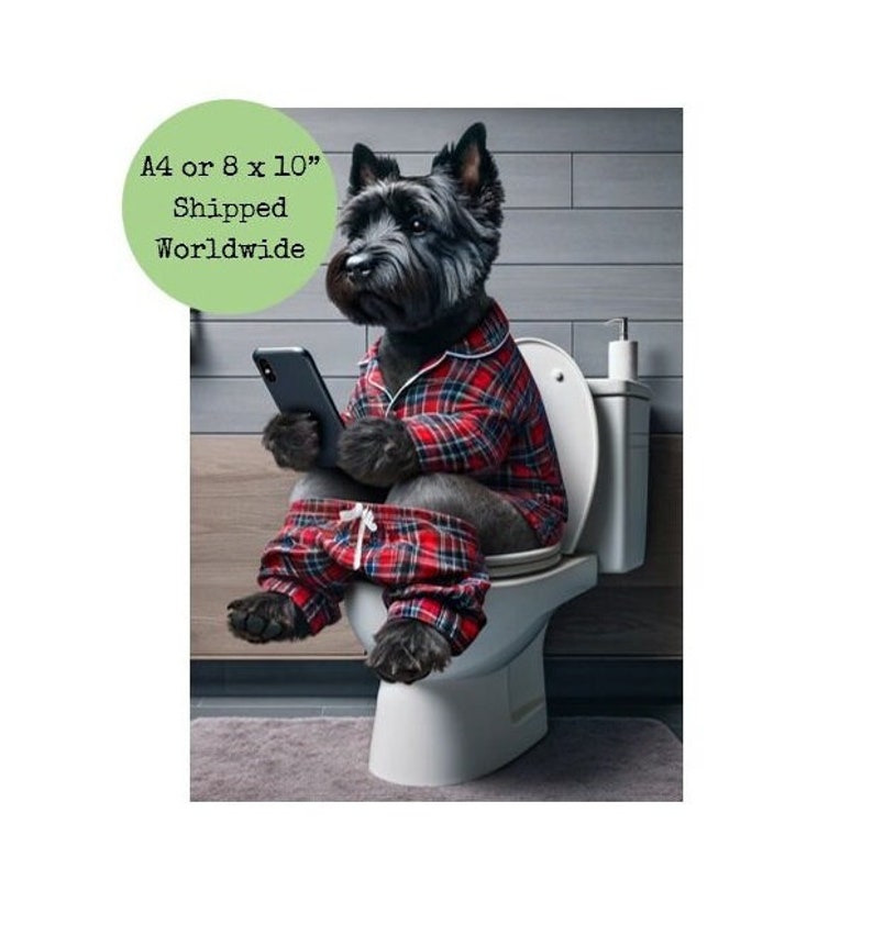 Cairn Terrier Sitting on Toilet on Mobile Phone Print Dark Brindle Cairn Loo Funny Dog Animal Picture Bath Bathroom Wall Art Sign Red Tartan image 1