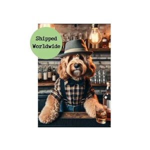 Cockapoo Bar Man Print - Zabawny Cockerpoo Dog Barman Obrazek Pub Bar Industrialna Sztuka Ścienna Alkohol Znak Cytat Wystrój Jadalni Whisky Piwo