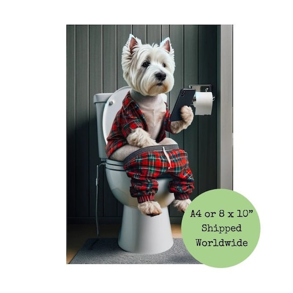 Westie Sitting on Toilet on Mobile Phone Print West Highland Terrier on Loo Funny Dog Animal Picture Bath Bathroom Wall Art Sign Red Tartan