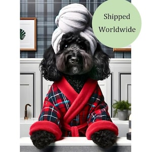 Black Cockapoo Red Tartan Robe Print – Funny Dog Bathroom Wall Art (8x10, A4)