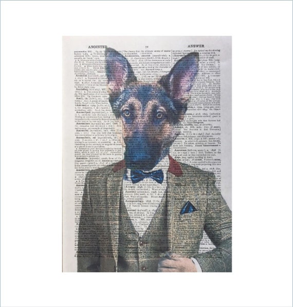 Alsatian Vintage Dictionary Wall Art Picture Print Dog In Clothes Wearing Suit 