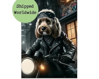 Golden Cockapoo Riding Motorbike Print Bad Ass Cockerpoo Dog on Motorcycle Picture Funny Animal Cool Wall Art Sign Portrait - Biker Gift