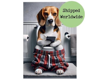Beagle Sitting on Toilet with Mobile Phone Print - Funny Dog with Cell Phone Animal Tartan Picture Bathroom Loo Rest Room Wall Art Sign Gift