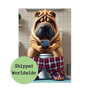 Può includere: Un cane Shar-Pei marrone e nero con pigiama a quadri rossi e neri è seduto su un water bianco e usa uno smartphone.