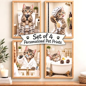 Personalised Pet Bathroom Prints Set of 4, Custom Dog Cat Portrait, Funny Bathroom Wall Art, Toilet Shower Bath Pet Prints, Any Animal