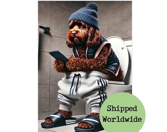 Schokolade Kakadu Sitzt auf Handy Toilette Poster - Cooler Hund in Kleidung - Lustiges Tier Loo Bad Badezimmer Wand Kunst Bild Schild
