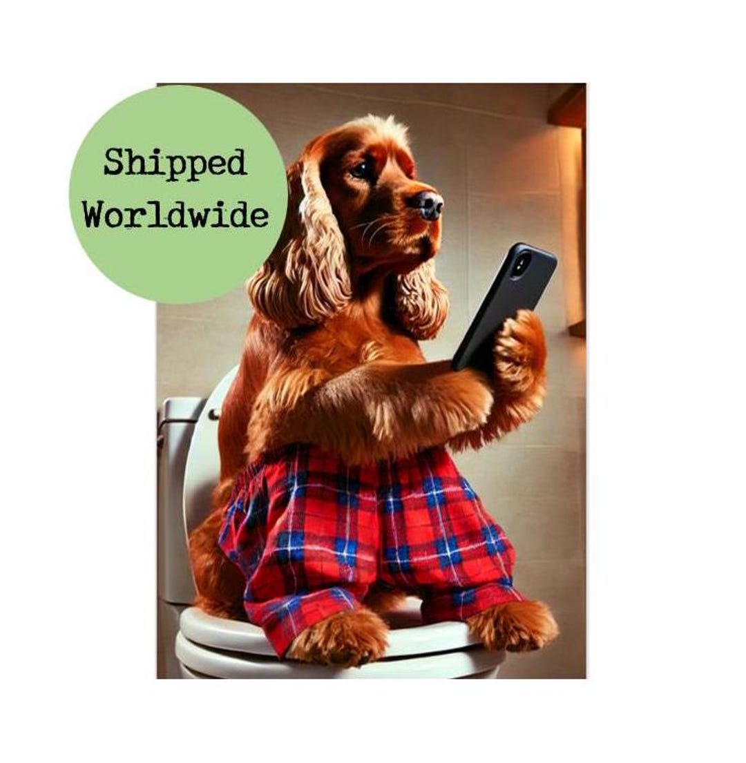 Red Cocker Spaniel Sitting on Toilet on Mobile Phone Print Dog in ...