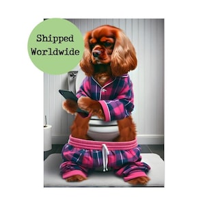 Op de afbeelding: Een bruine en witte hond in roze en paarse pyjama zit op een witte toiletbril en houdt een smartphone in zijn poten. De hond kijkt naar de telefoon. De tekst "Shipped Worldwide" staat in een groene cirkel in de linkerbovenhoek van de afbeelding.