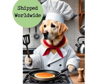 May include: A golden retriever dog wearing a white chef's hat and a red bandana is cooking a pancake in a frying pan. The dog is holding a spatula in its right paw.