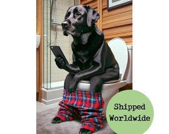 Black Labrador Sitting on Toilet with Mobile Phone Print - Black Lab with Cell Phone - Funny Dog Animal Picture Bathroom Wall Art Sign Gift