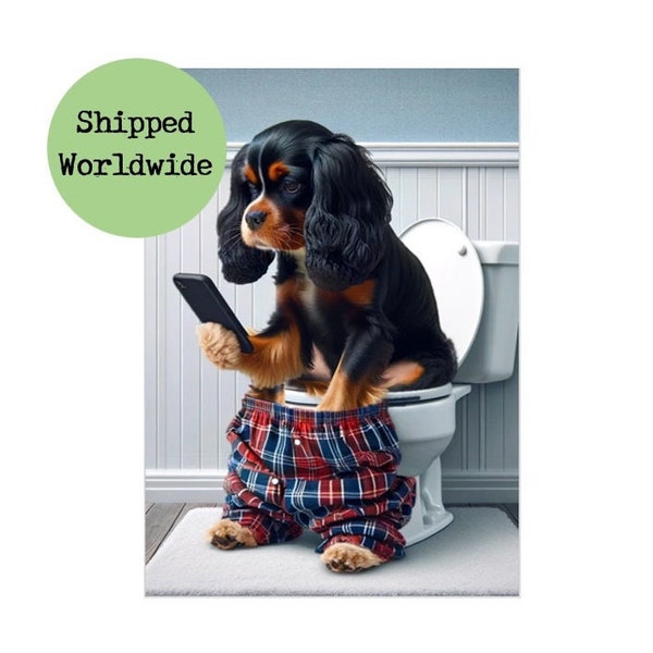 Black and Tan King Charles Cavalier Spaniel Sitting On Toilet Print - Dog Mobile Phone Picture- Animal Bathroom Wall Art Ensuite Loo Sign